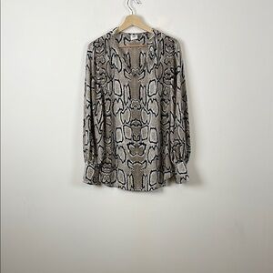 Cabi Serpentine V Neck Long Sleeve Snakeskin Print Ruffle Collar Sheer L Blouse